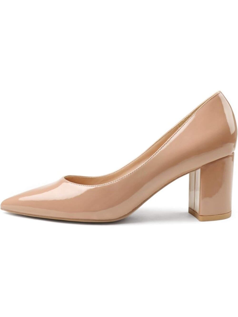 Women's Nude Patent Sleek Pointed Toe Comfortable Chunky Block Heel Dress Pumps